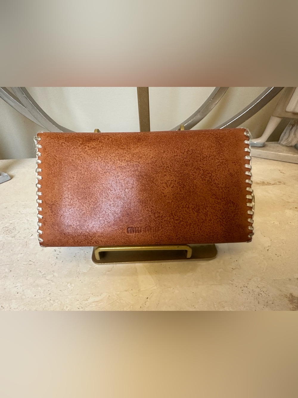MUI MUI Leather Crossbody Bag in Cognac Brown